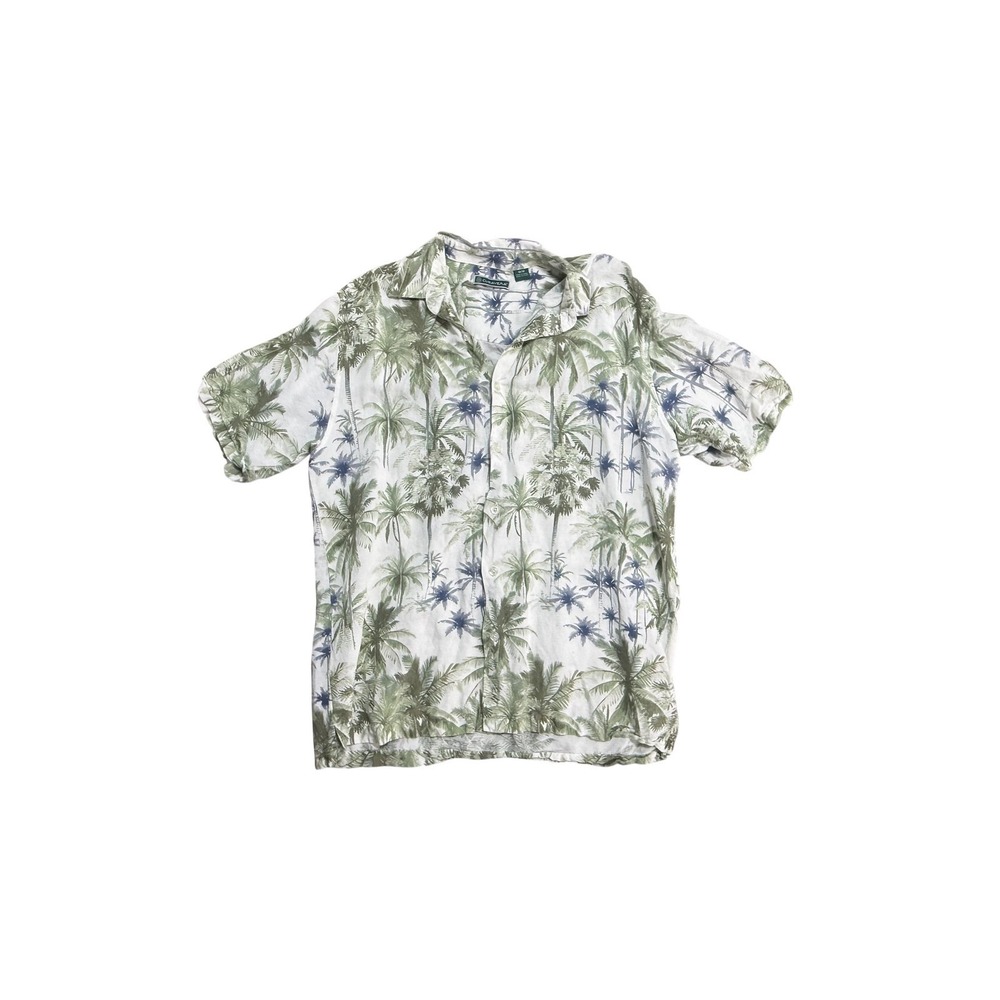 Cubavera Shirt Mens Medium White Green Palm Tree Short Sleeve Linen Blend Aloha